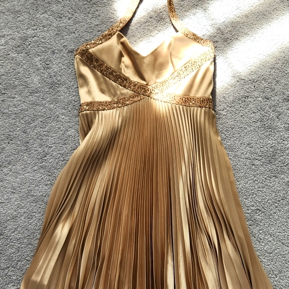 Gold pleated evening dress size 4 - Picture 6 of 7